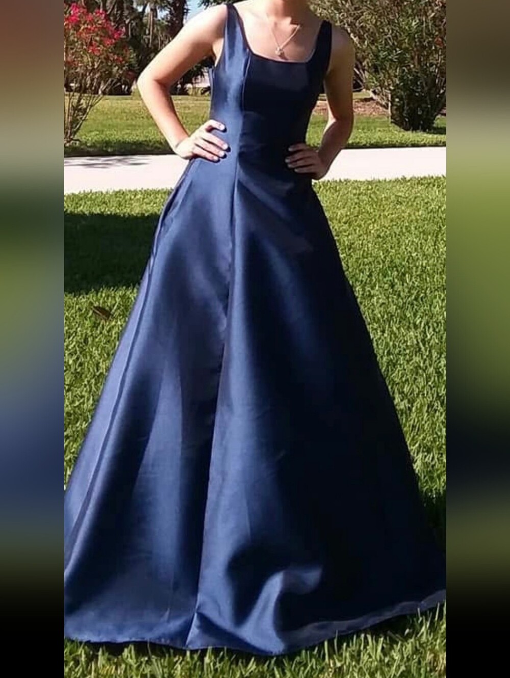 B Darlin Navy Satin Maxi Dress with Scoop Neck